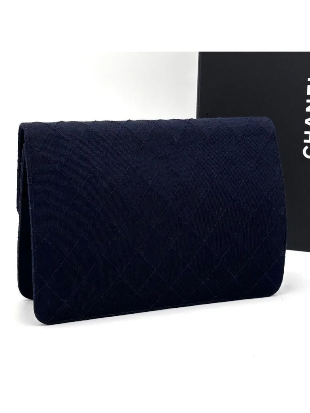 Chanel Quilted Cotton Chain Shoulder Bag Navy Gold